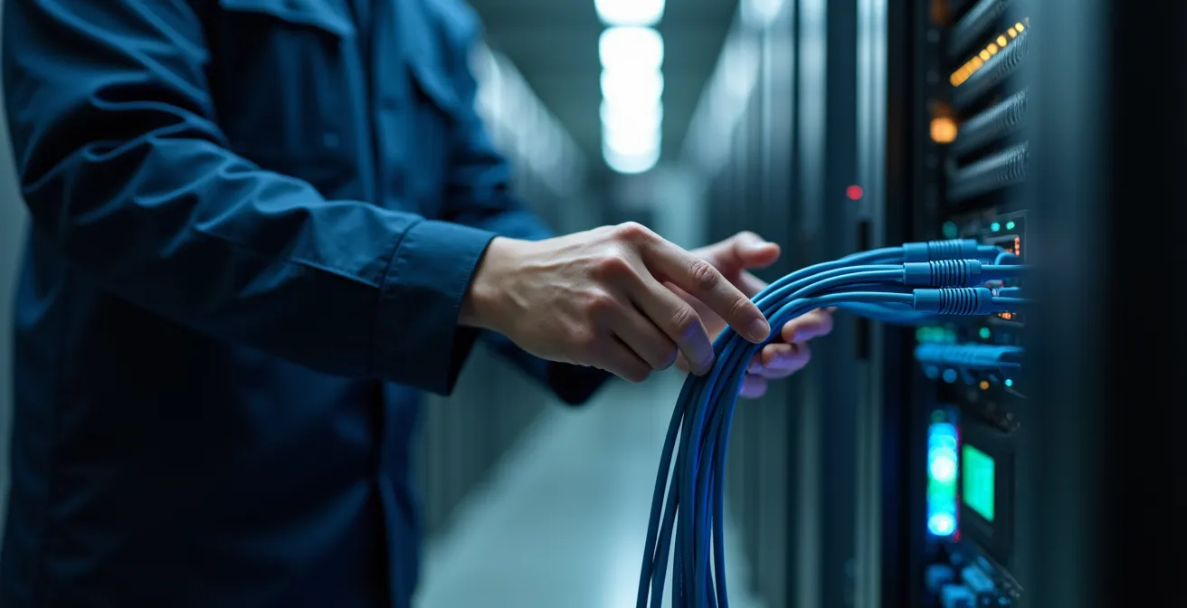 Photo réaliste d’un ingénieur informatique analysant des câbles réseau avec un fond flou high-tech en arrière-plan