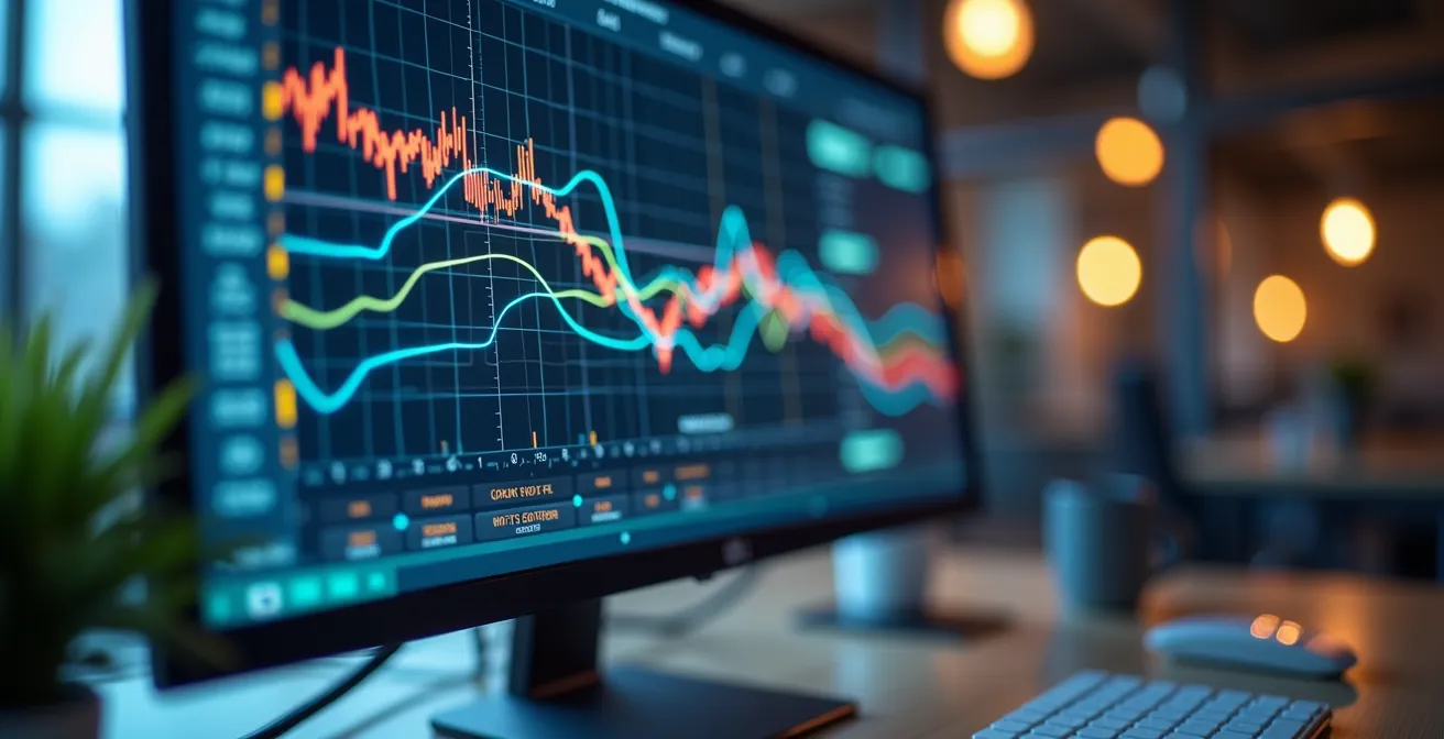 Image photo-réaliste d'un écran d'ordinateur affichant des graphiques de monitoring réseau avec un focus sur un dashboard flou et éclairage doux en arrière-plan