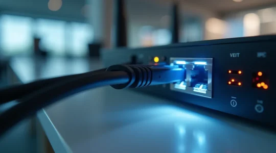 Illustration photo-réaliste d'un câble réseau connecté à un routeur dans un bureau d'entreprise moderne avec un éclairage cinématographique et un bokeh naturel