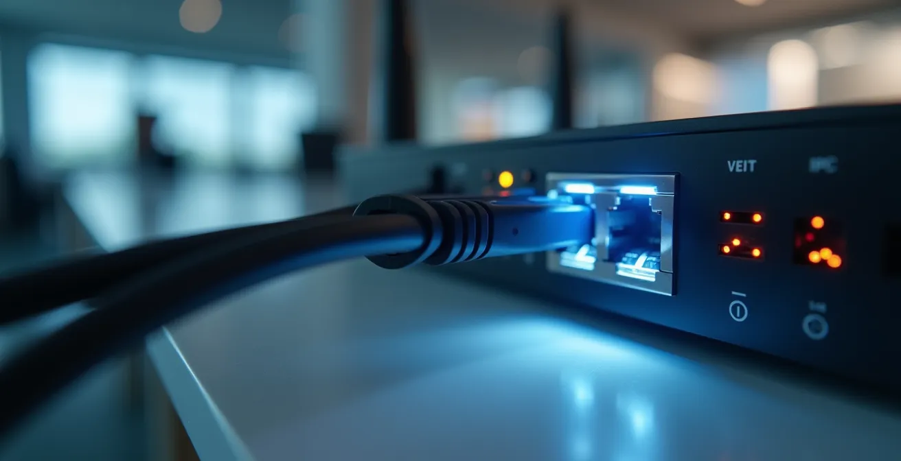 Illustration photo-réaliste d'un câble réseau connecté à un routeur dans un bureau d'entreprise moderne avec un éclairage cinématographique et un bokeh naturel