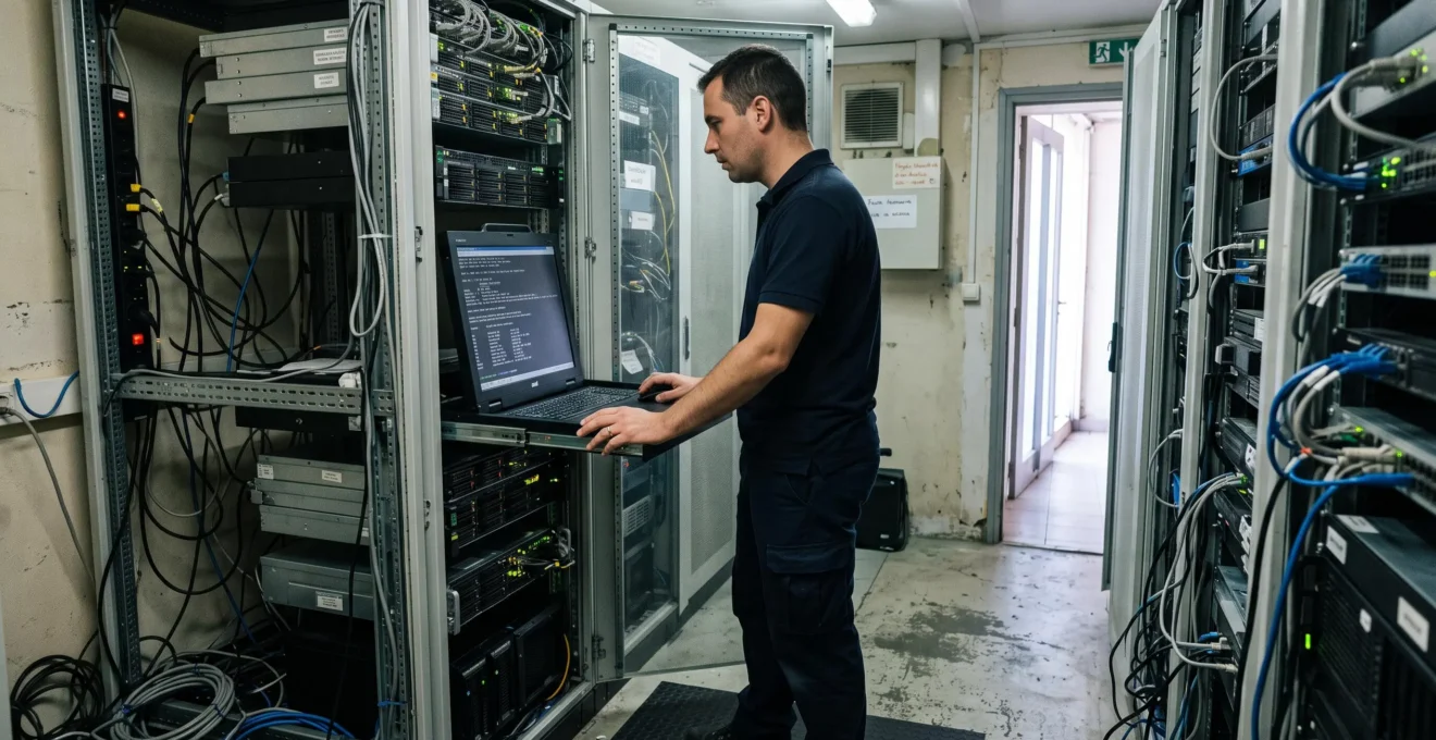 Un administrateur vérifie les droits d'accès sur la console d'un serveur en salle technique.
