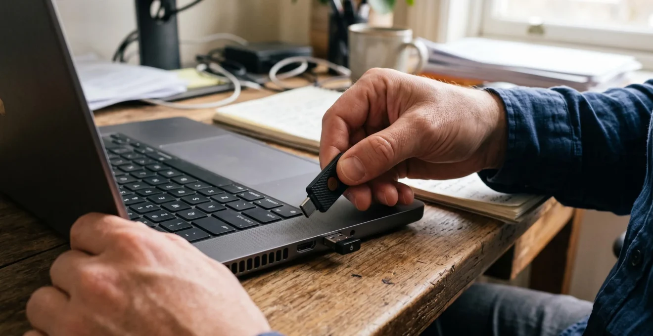 Des mains branchent une clé de sécurité matérielle sur le port USB d'un ordinateur portable.