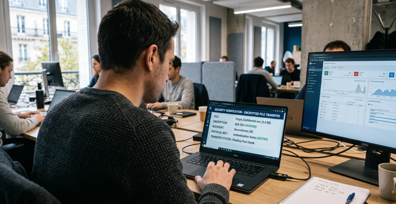 Un professionnel vérifie les paramètres de sécurité sur son ordinateur avant d'envoyer un fichier.