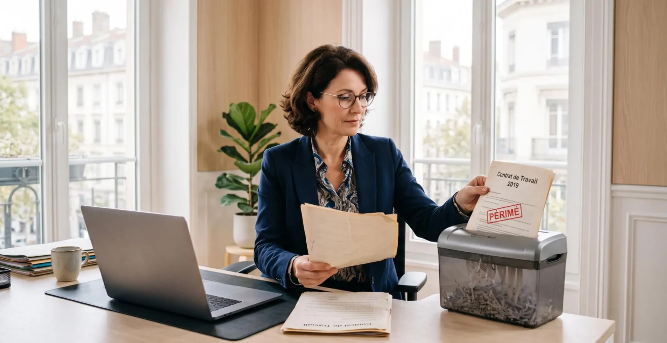 Une responsable RH détruit un ancien document papier dans une déchiqueteuse à son bureau.